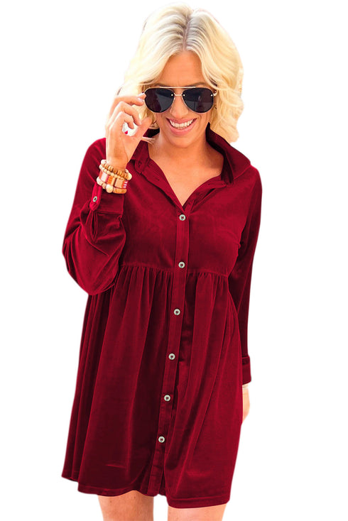 Long Sleeve Ruffle Velvet Button Up Dress